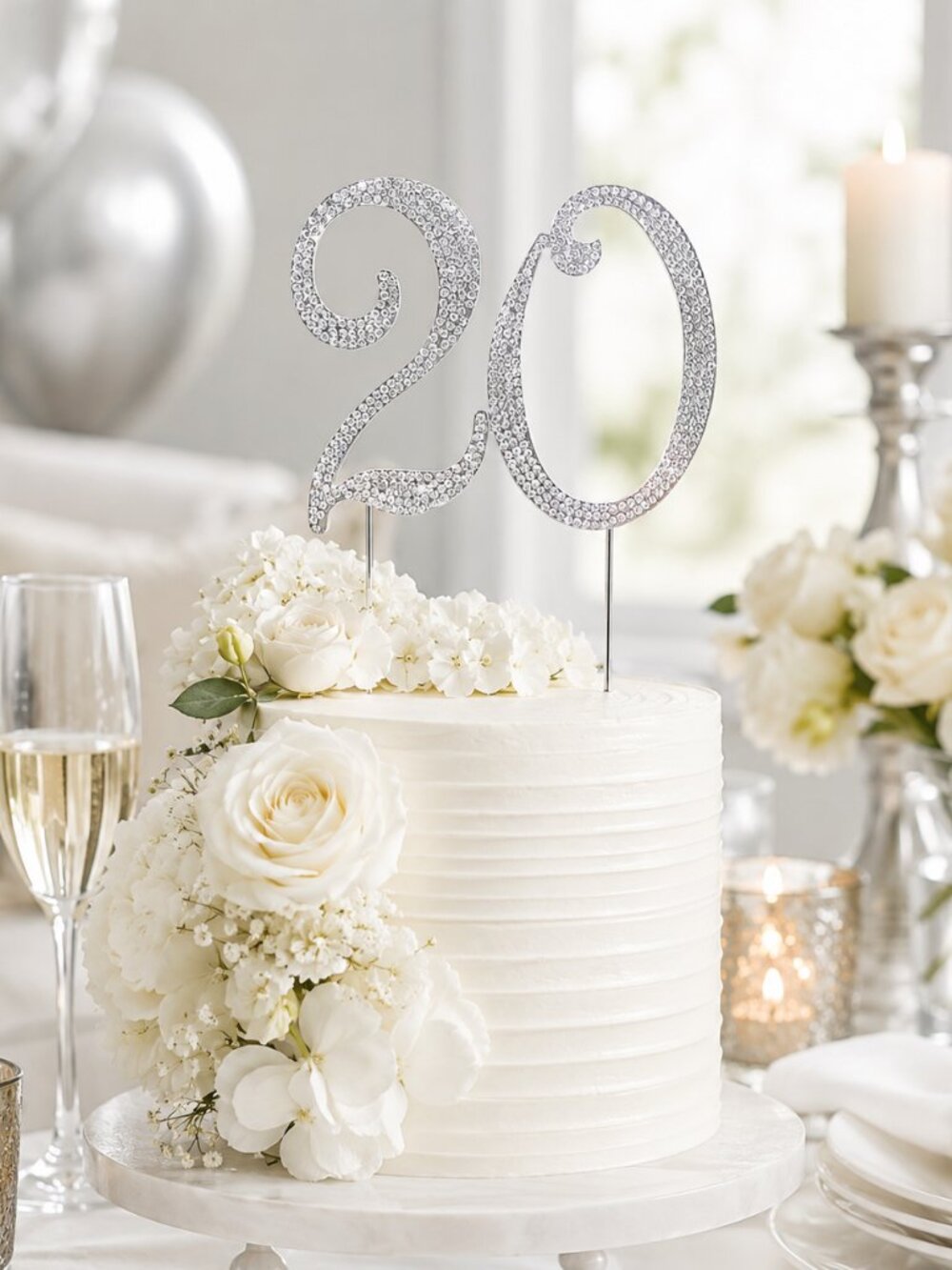 Rhinestone Cake Topper - Number 20 - Silver Metal with Czech Rhinestones